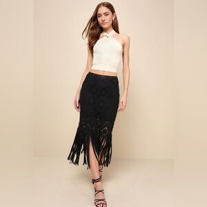 Lulus Black Crochet Fringe Midi Skirt